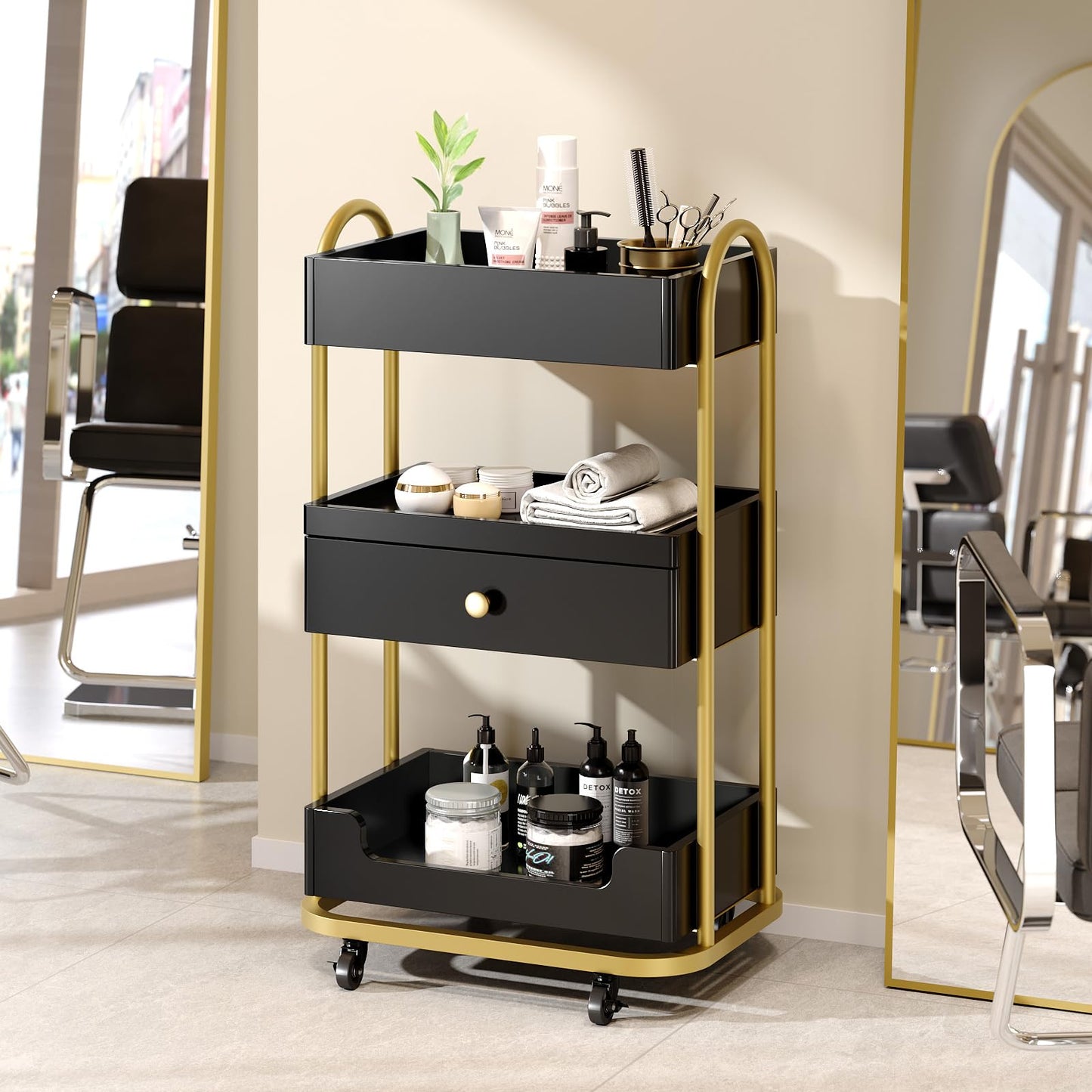 OmySalon Salon Trolley Cart, Hair Styling Station with 3 Trays & 1 Drawer, 2 Lockable Wheels, Esthetician Cart Mobile Storage Cabinet for Beauty Spa Barbershop, Black