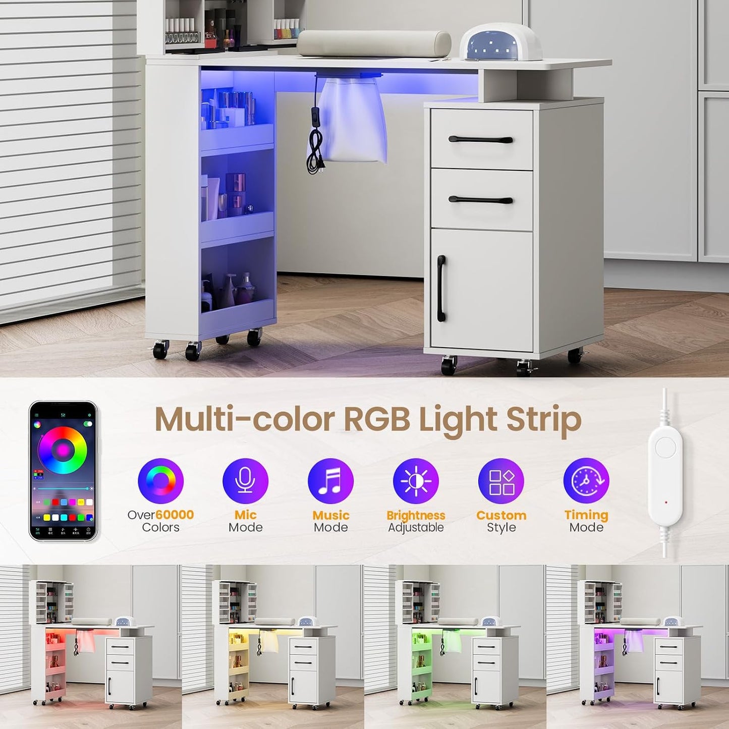 Manicure Table - Nail Desk with LED Light & Dust Collector | Extendable Polish Cabinet, White