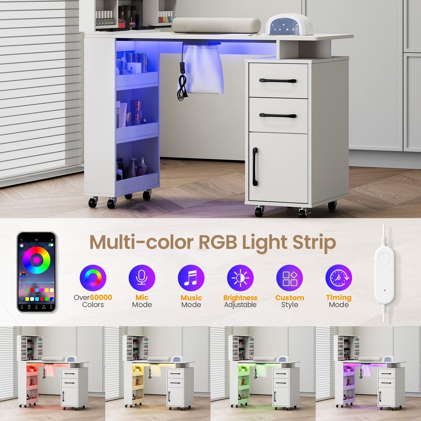 HolaiNail Manicure Table with Extendable Polish Cabinet, Nail Desk with LED Light, Dust Collector, Wrist Rest, Lockable Wheels, Beauty Salon Station Home Nail Tech, White