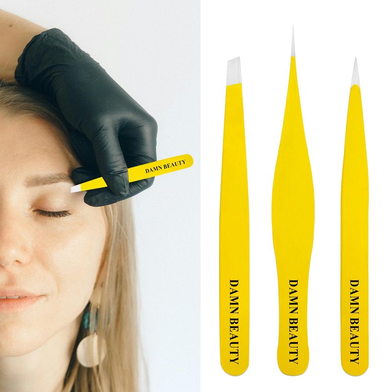 3PCS Tweezers Set for Men and Women, Professional Stainless Steel Pointed, Slanted & Ultra Fine Pointed Tweezer For Facial Hair, Splinter Removal and Ingrown Hair removal(Yellow)