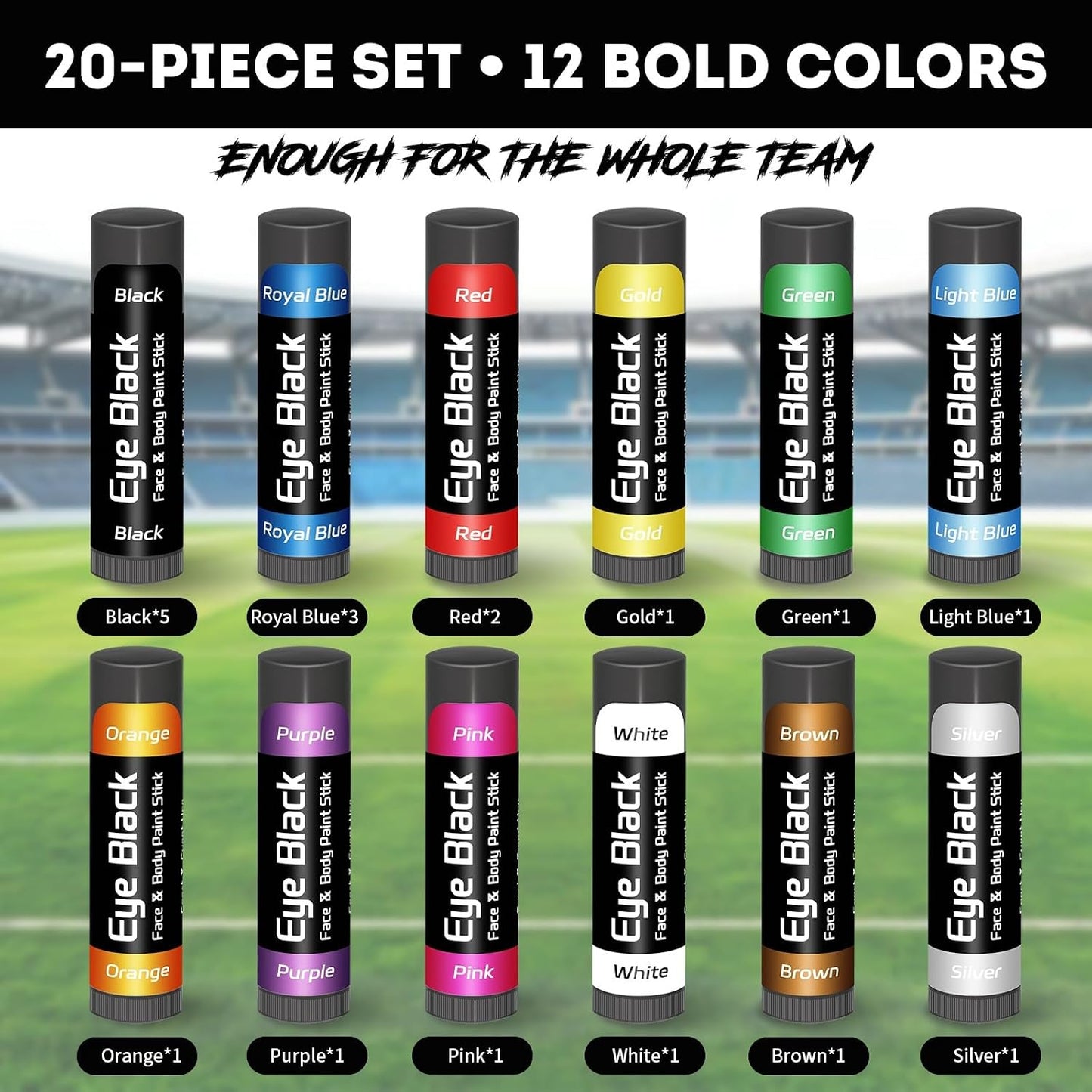 Eye Black Stick - 20 Pack Sports Face Paint in 12 Colors | Anti-Glare Under Eye Paint for Football & Baseball
