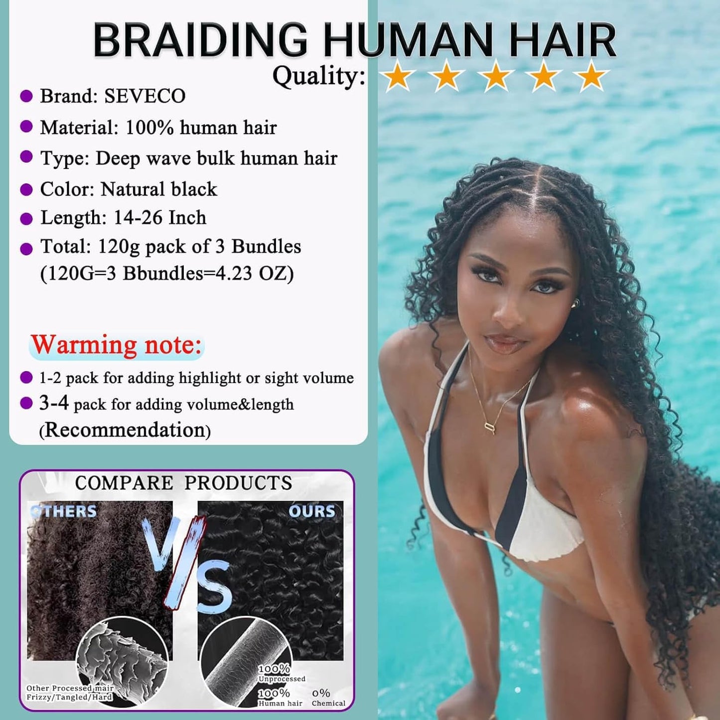Human Braiding Hair for Boho Braids 120g 12A Deep Wave Bulk Human Hair Curly Bundles Wet and Wavy Knotless 100% Virgin Hair Extensions No Weft Bohemian Braids 3 Bundles/Pack Natural Color 16Inch