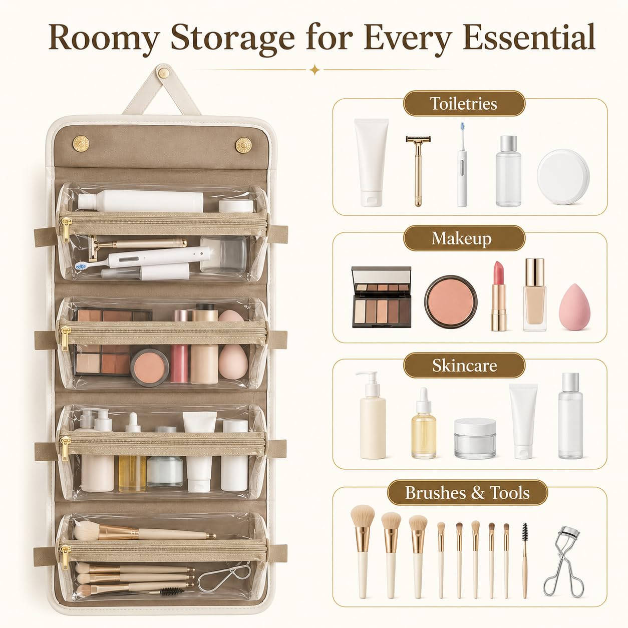 YDR Travel Makeup Bag for Women, 4-in-1 Roll Up Toiletry Bag with 4 Detachable Clear Pouches, PU Leather Makeup Organizer Case with Top Handle for Brushes, Skincare, Cosmetics and Travel