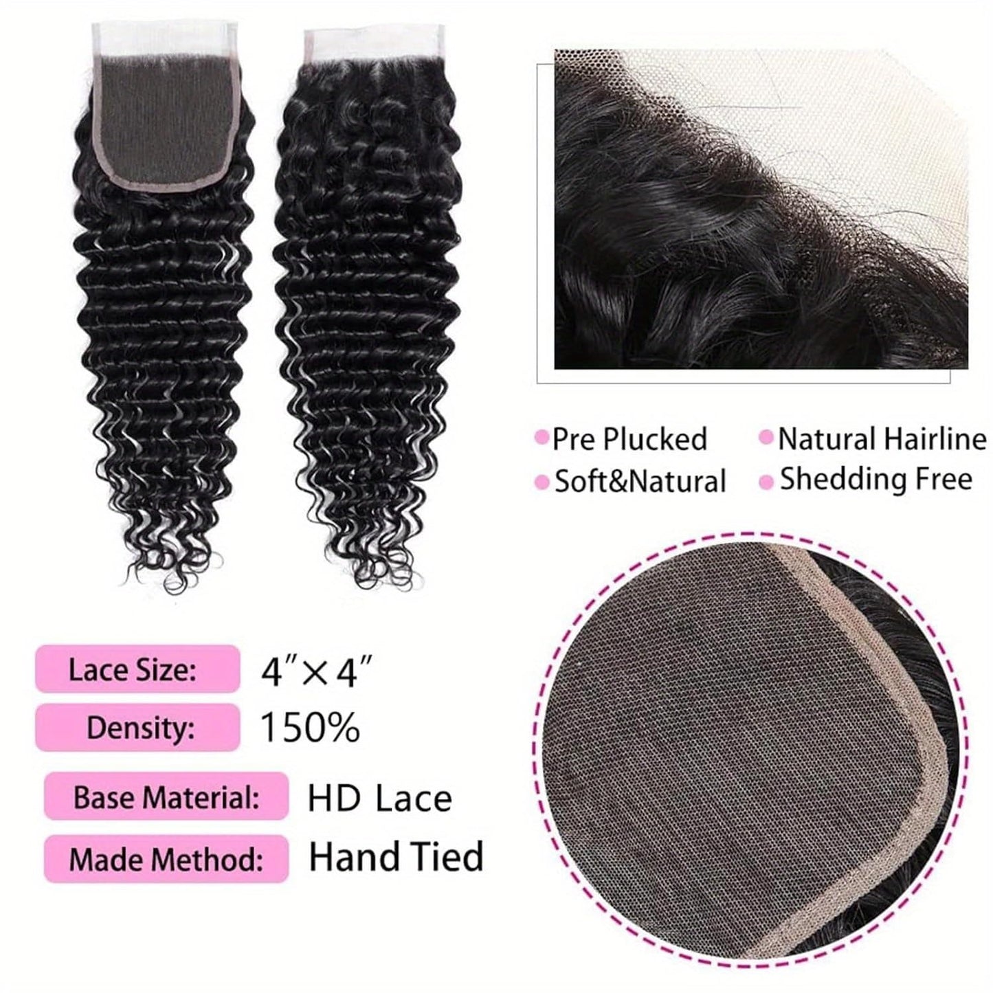 Rebasar 4x4 Hd Lace Closure Human Hair 8 Inch Free Part Deep Wave Closure Virgin Remy Curly Human Hair for Women Transparent Lace Closures Pre Plucked Natural Black