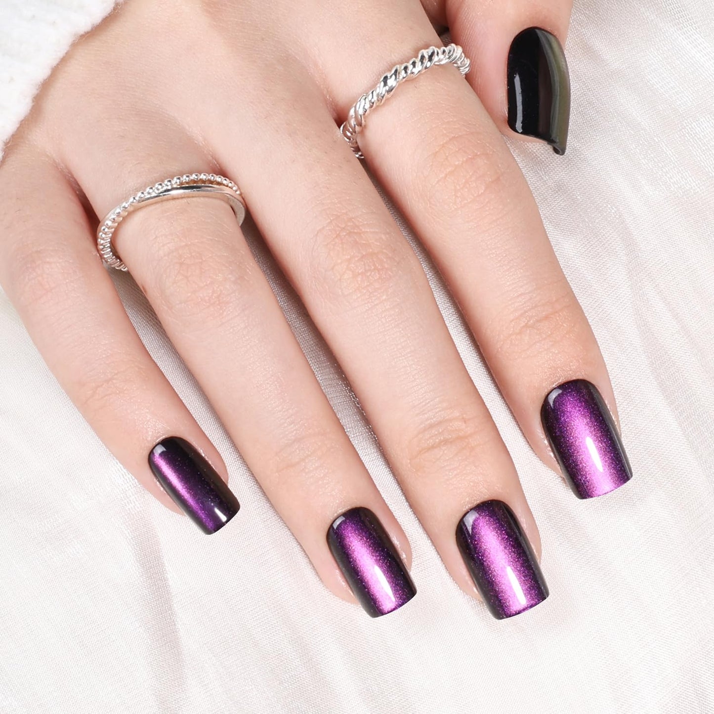 Red Cat Eye Press On Nails - Almond Short Reusable Fake Nails | 32pcs in 16 Sizes, Garnet Color