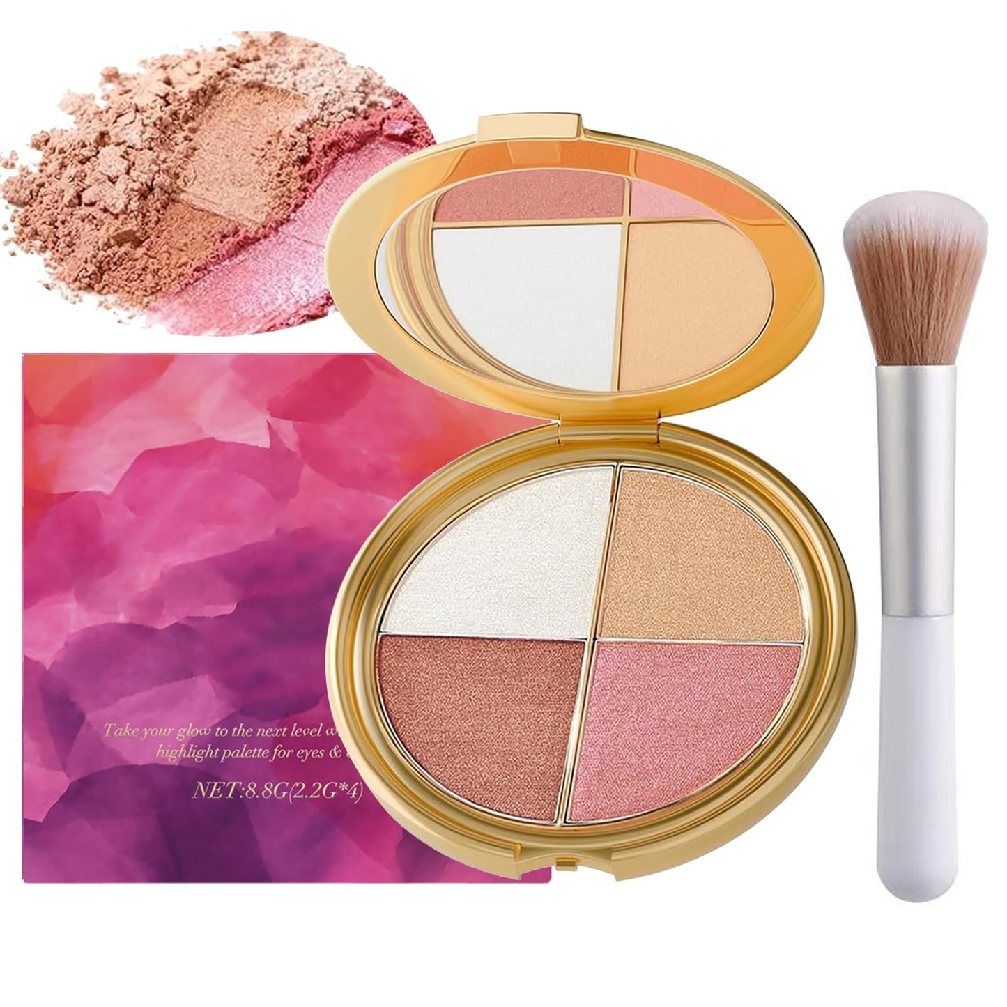 Eye & Cheek Palette with 1 Pcs Blush Brush, Multifunctional Blush Palette, Eyeshadow and Highlighter Makeup, 4-In-1 Natural Glow Contour Powder for Women