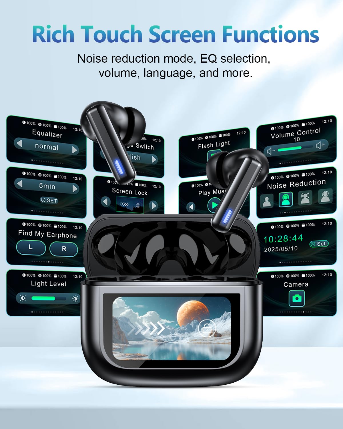 Bluetooth 5.3 Headphones, in-Ear Wireless Earbuds, 55H Playtime HiFi Sound Quality, Active Noise Cancellation, Coal