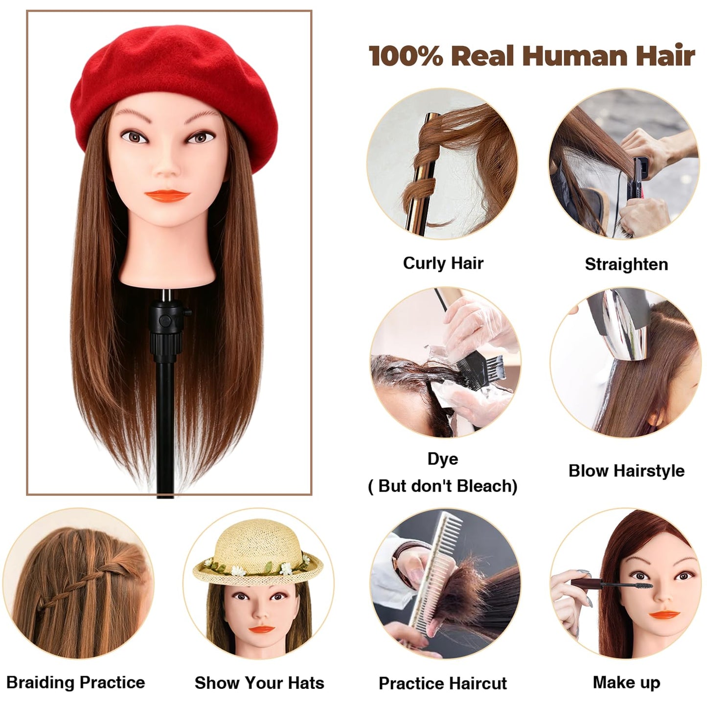 Mannequin Head with 100% Real Human Hair, Beauty Star Manikin Doll Head for Hair Styling, Cosmetology Hairdressing Training Practice Head with Clamp Stand and Braiding Accessories Kit (18" Dark Brown)