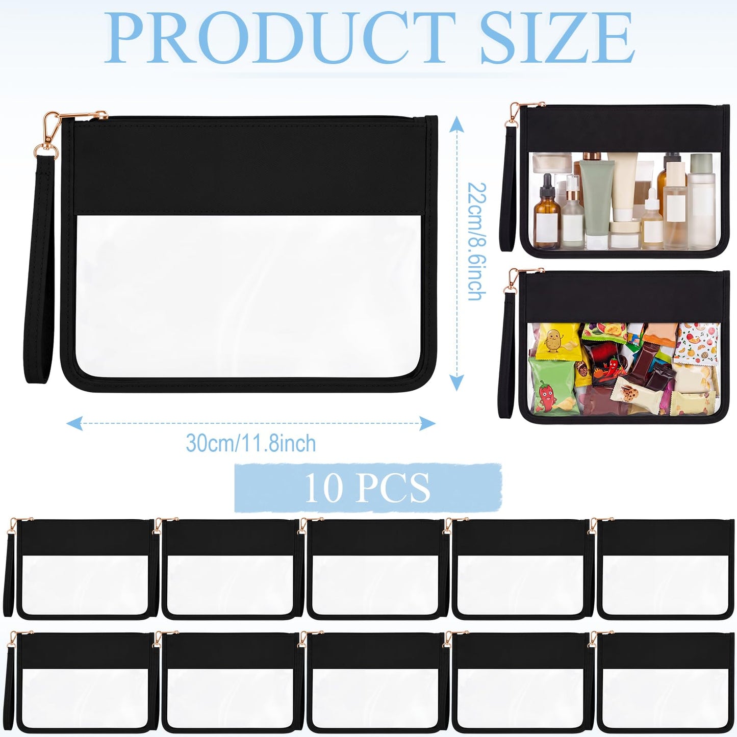 Sweetude Clear Zipper Pouch Set of 10, Waterproof Nylon Flat Cosmetic Pouches for Women & Girls, Transparent Travel Toiletry Bags with Zipper Wristlet(Nylon and PVC,Black)