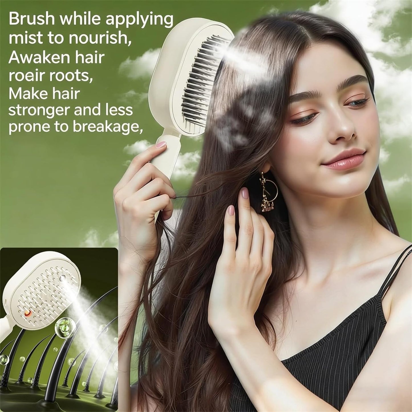 Electric Spray Air Cushion Massage Comb, 3-in-1 Electric Mist Spray Hair Brush, Self-Cleaning Anti-Tangle, Anti-Static for Frizzy Hair & Scalp Care (Beige)