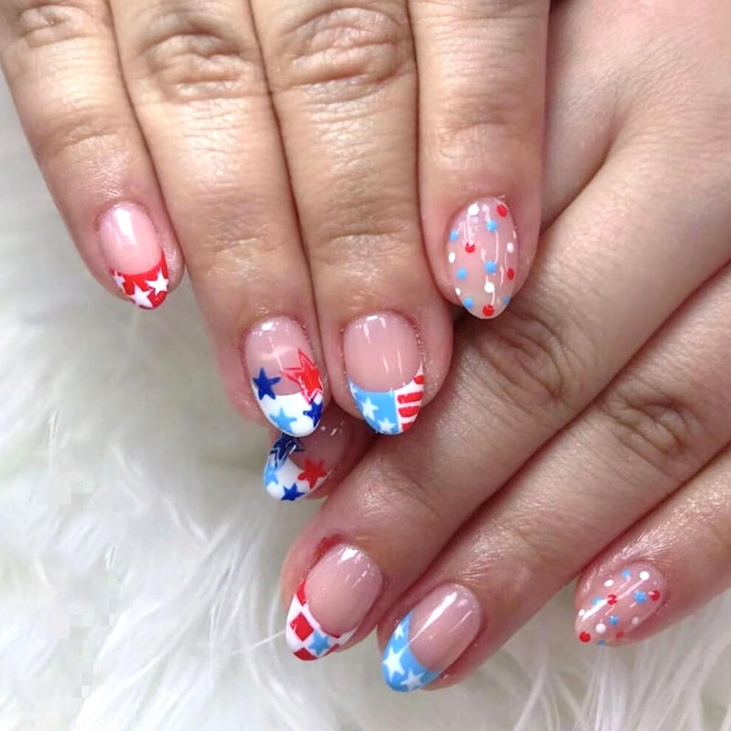 Press On Nails - Short Oval French Tip Design | Glossy Pink with Stars & American Flag - 24 Pcs