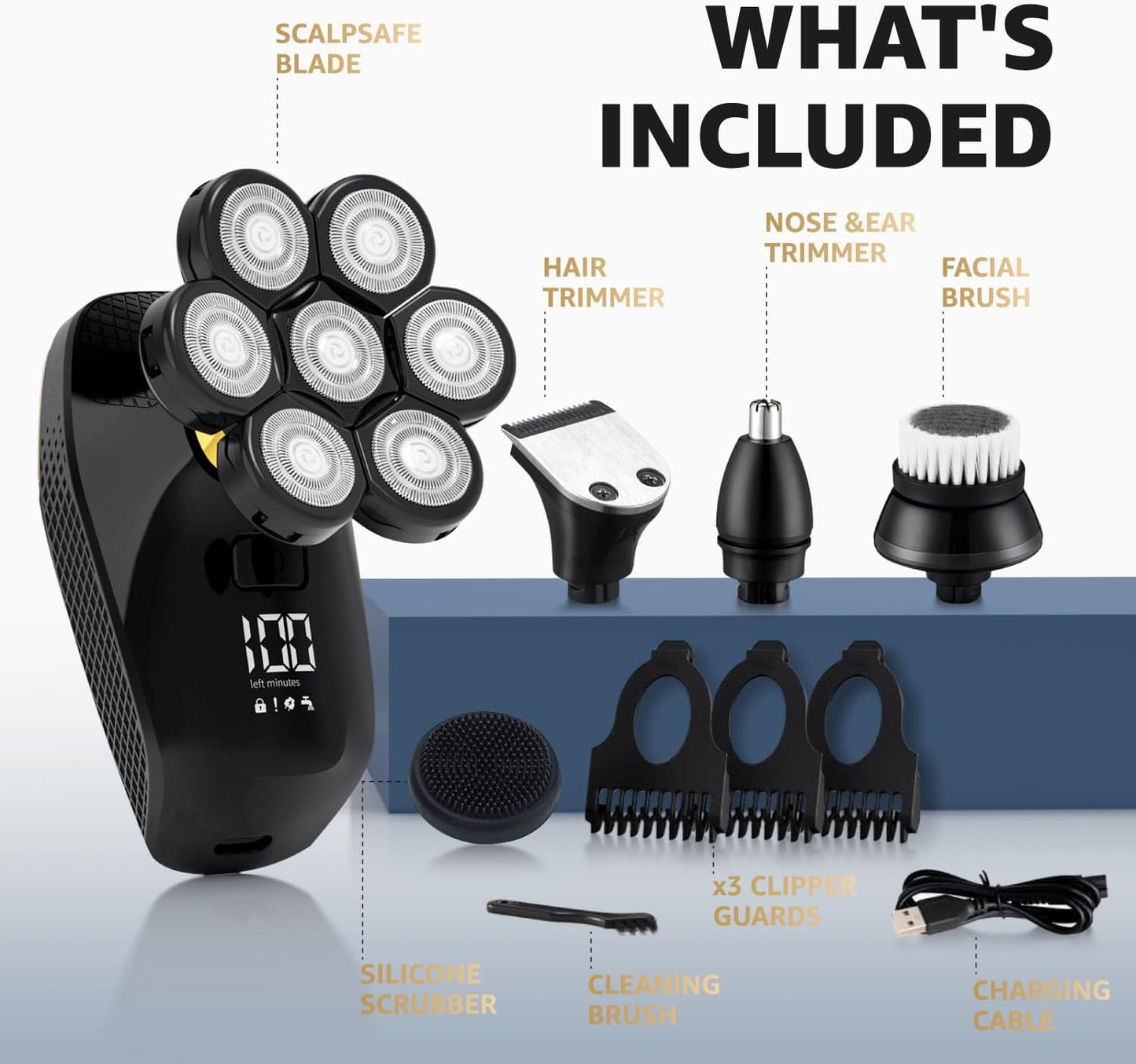VITALY 7D Floating Head Shaver for Bald Men - 9200RPM Waterproof Rechargeable Grooming Kit | Travel Lock & LED Display