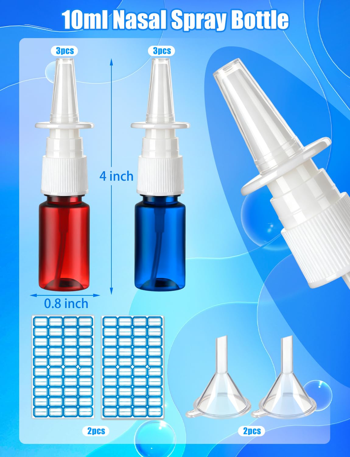 ZHWKMYP 10 Pcs Nasal Spray Bottle, 10ML/0.35OZ 6Pcs Fine Mist Empty Plastic Brown Blue Nose Spray Bottles Refillable with 2 Funnels and 2 Labels