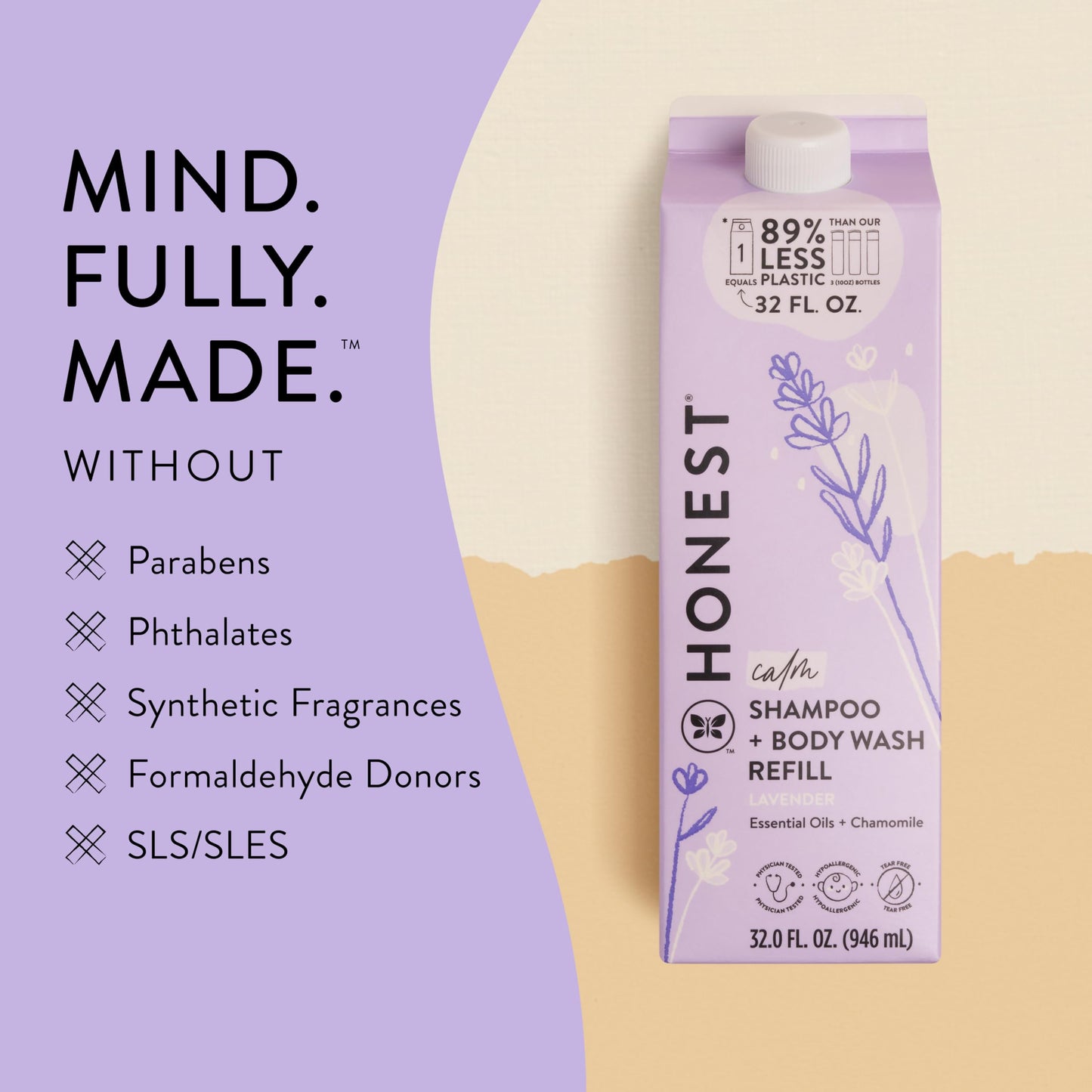 The Honest Company 2-in-1 Cleansing Shampoo Body Wash Refill Carton Gentle for Baby, Naturally Derived, Tear-free, Hypoallergenic, Lavender Calm, 32 fl oz