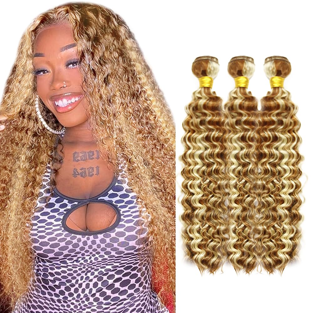 Blonde Deep Wave Bundles #30 Brown Bundles Human Hair 16 18 20 Inch Unprocessed Virgin Remy P30613 Highlight Bundle Hair Extensions