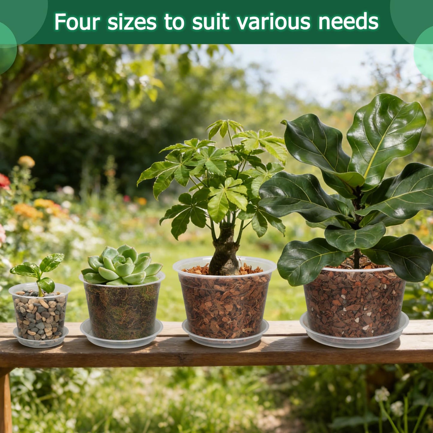 HQAUT 4/6/8/10 Inch Clear Nursery Pots with Drainage and Saucers, 24 Pack Clear Plant Pots, Variety Size Plastic Orchid Flower Pot for Indoor Outdoor