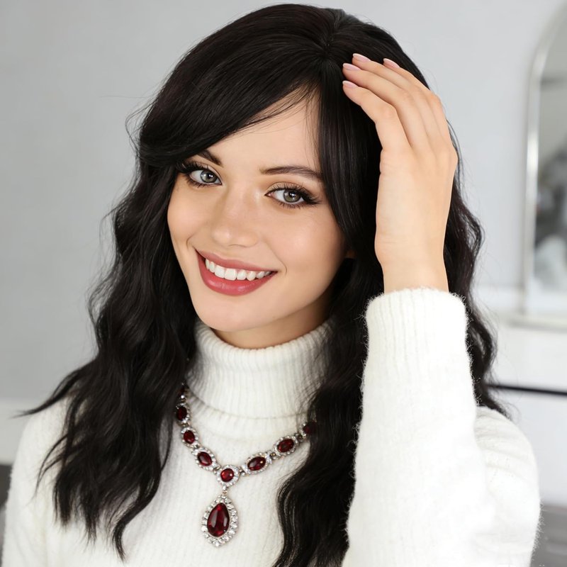 Black Curly Wig for Women - 18-Inch Medium Length with Bangs | Glueless Synthetic Heat-Resistant Hairpiece