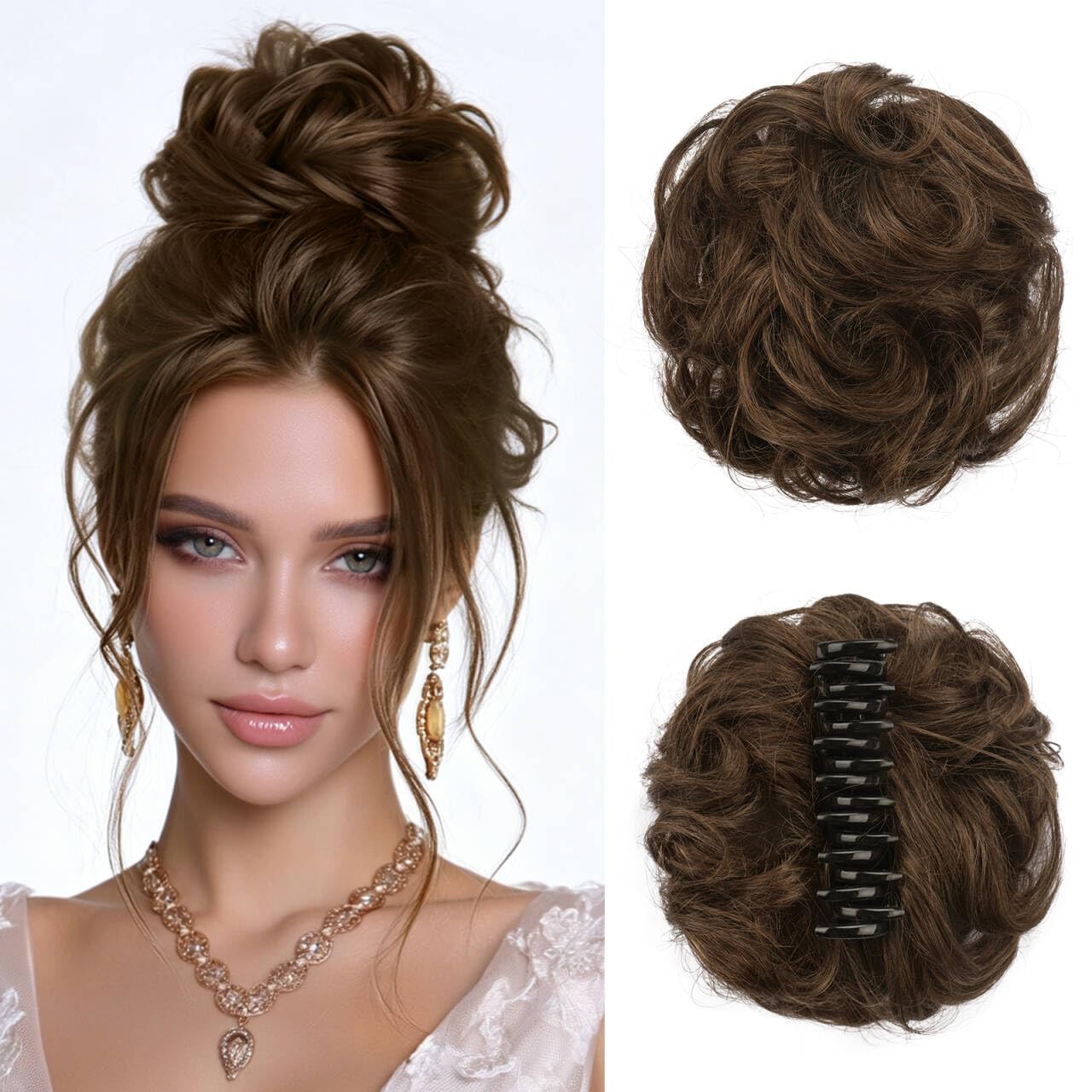 Human Hair Bun Clip | 100% Real Wavy Curly Chignon Hair Piece - Light Brown & Blonde Mix
