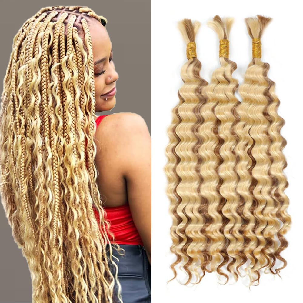 613 Boho Human Hair Braiding 27 613 Blonde Boho Human Hair Braiding Blonde Braids Deep Wave Knotless Bulk 27/613 Braids 16 16 16 Inch