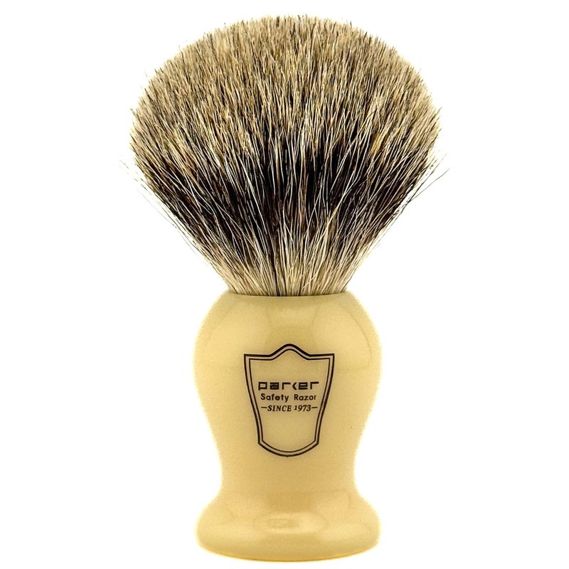 Parker 3-Band Pure Badger Bristle Shaving Brush – Faux Ivory Handle, Classic Wet Shave Brush for Lathering Shaving Soaps & Creams with Bladed Razors