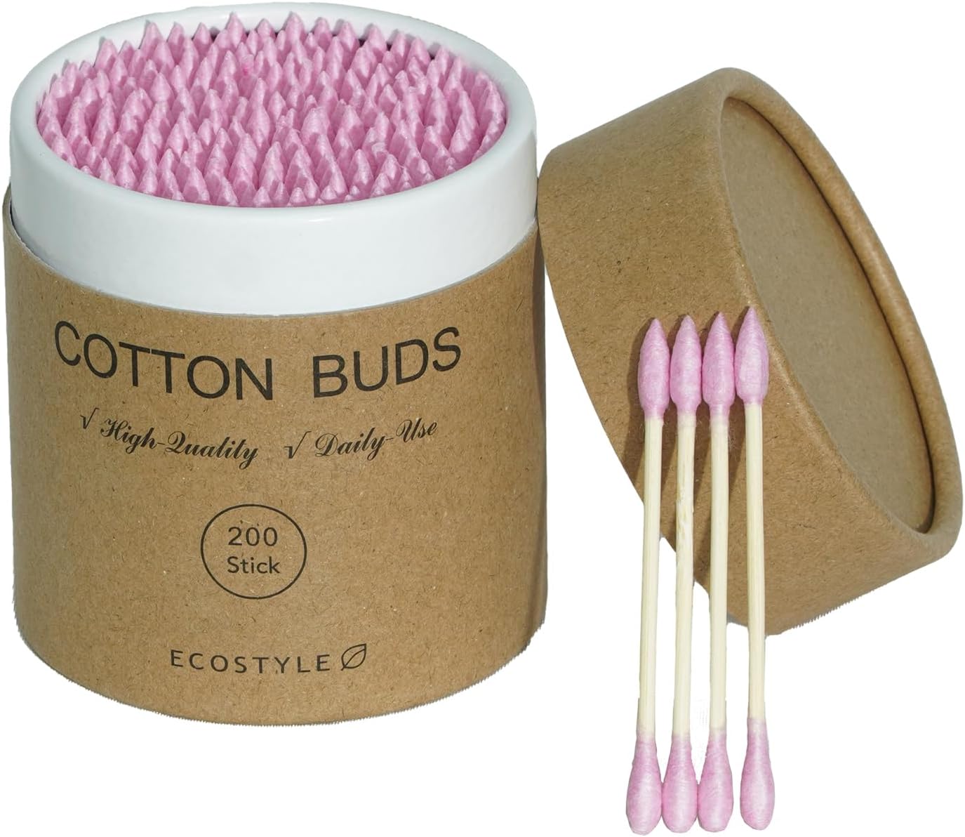Pink Bamboo Cotton Swabs - 200 Count Dual-Tip Wooden Buds for Ear Cleaning, Makeup & Nail Art | Biodegradable with Portable Tube