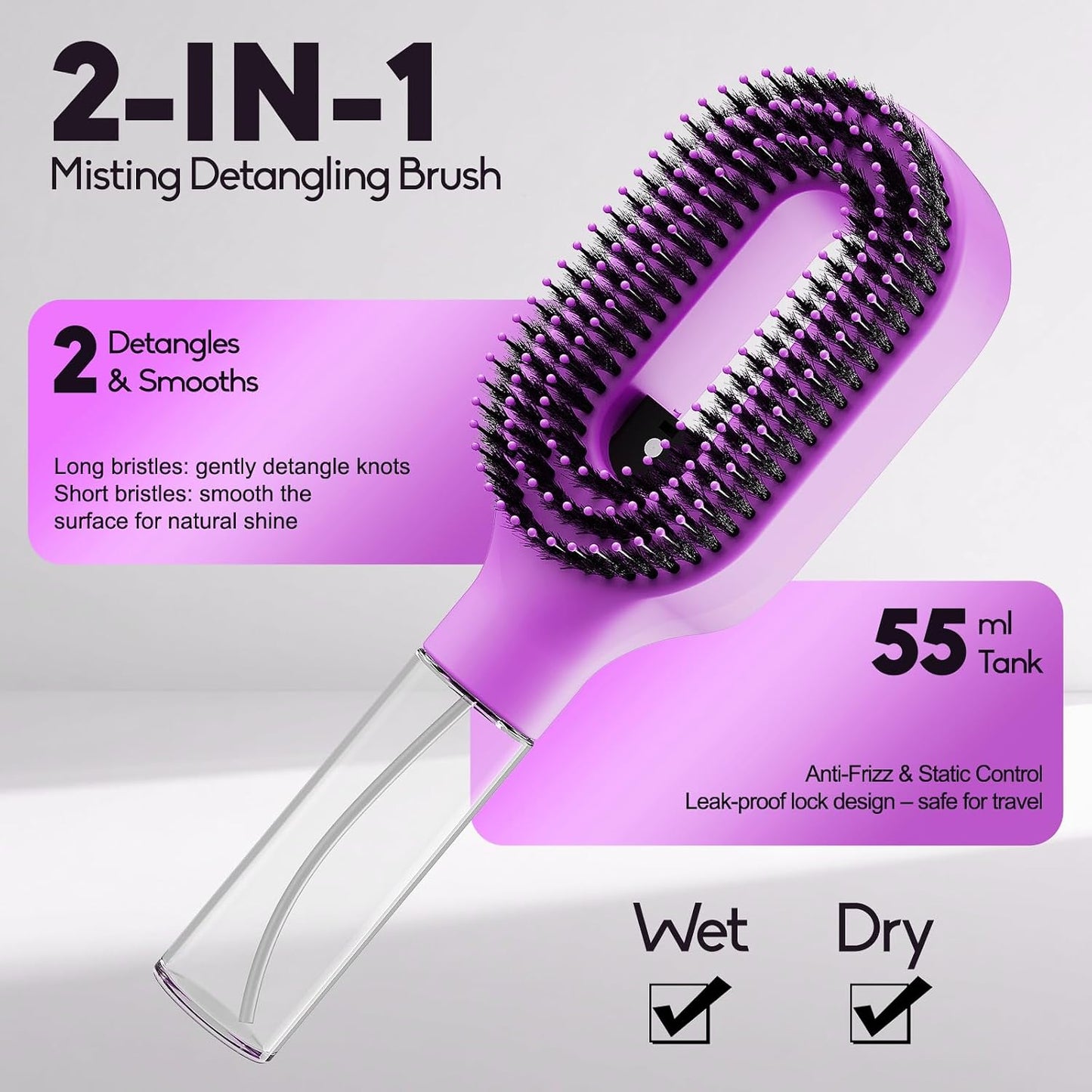 Misting Detangling Hair Brush - Continuous Spray for Curly & Wavy Hair | Frizz Control & Flyaway Smoothing, Purple