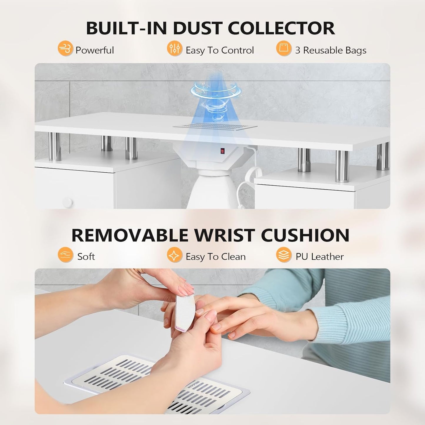 Nail Desk and Chair Set - Acetone Resistant Manicure Table with Dust Collector & Storage Drawers | White