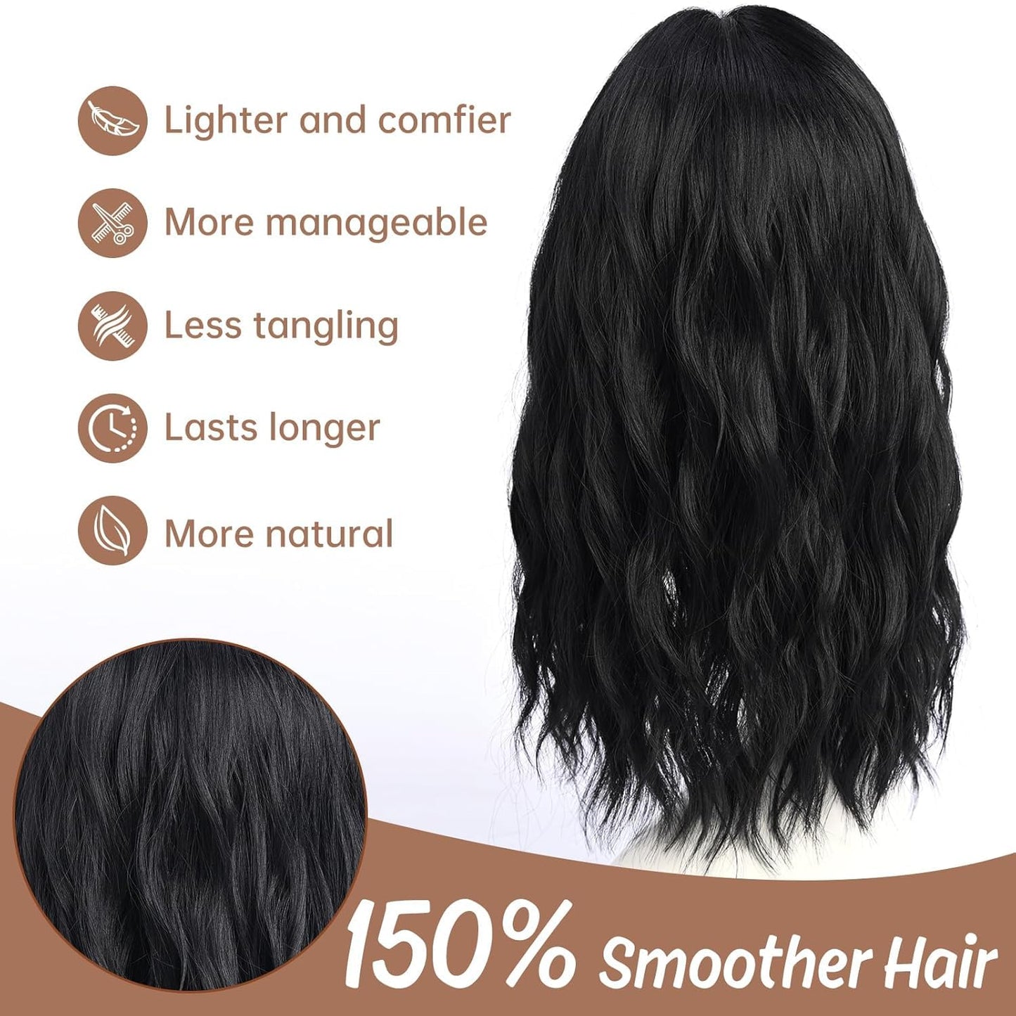 Wavy Wigs for Women - 18 Inch Medium Length Synthetic Wig | Natural Looking & Heat Resistant - Black