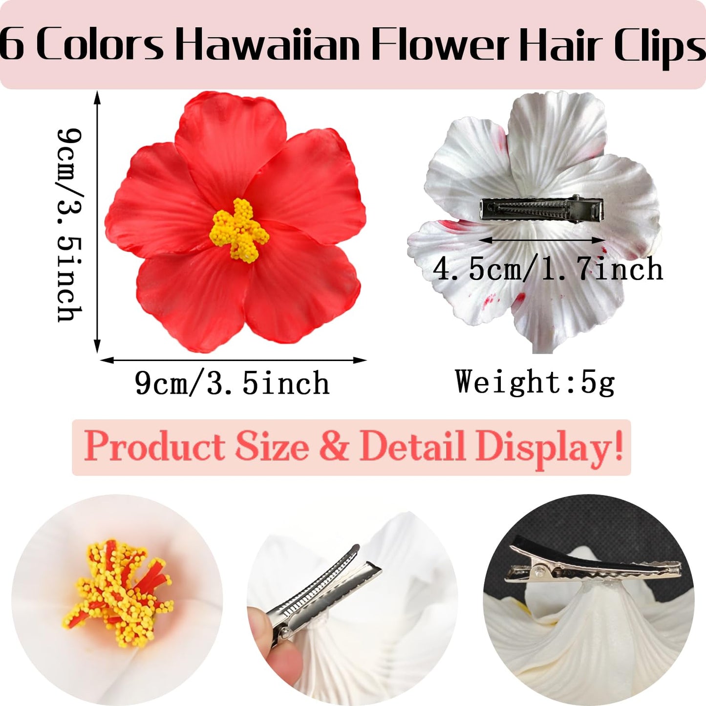 Hawaiian Flower Hair Clips - 6 Pcs Boho Plumeria & Hibiscus Barrettes | 3.5 Inch Cute Summer Accessories for Women & Girls