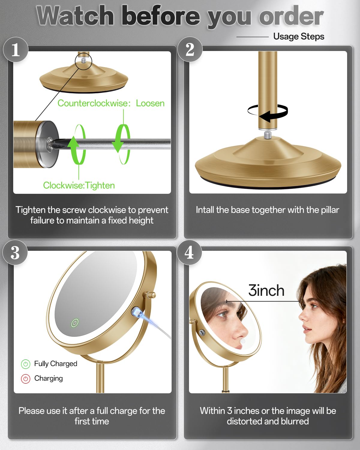 VFD 8'' 30X/1X Magnifying Makeup Mirror with Lights Height Adjustable