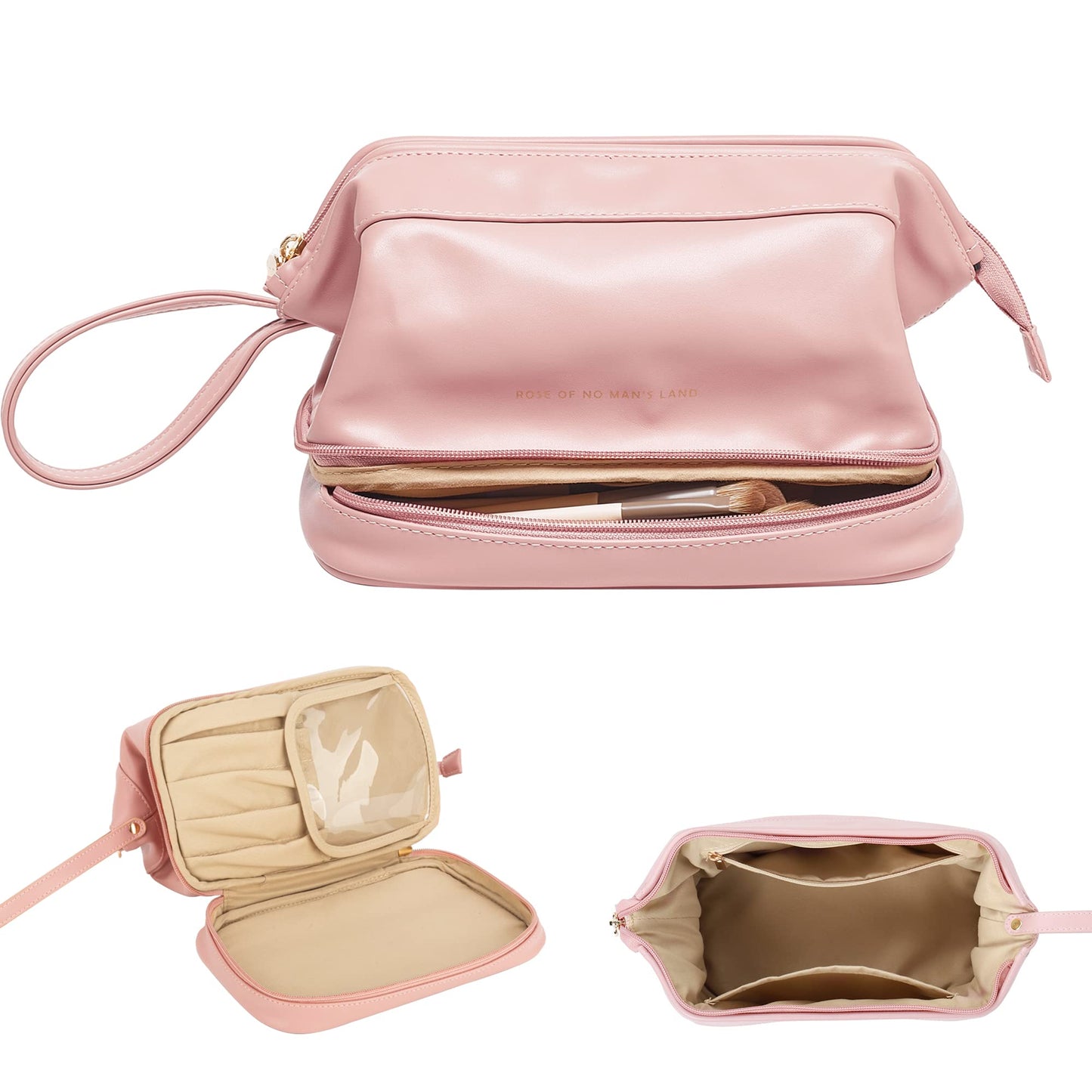 YOMOSPACE Large Makeup Bag, Double Layer Cosmetic Bag, Leather Make Up Bag with Brush Organizer, Portable Travel Makeup Bag, Makeup Organizer Bag Toiletry Bag for Women and Girls (Pink)