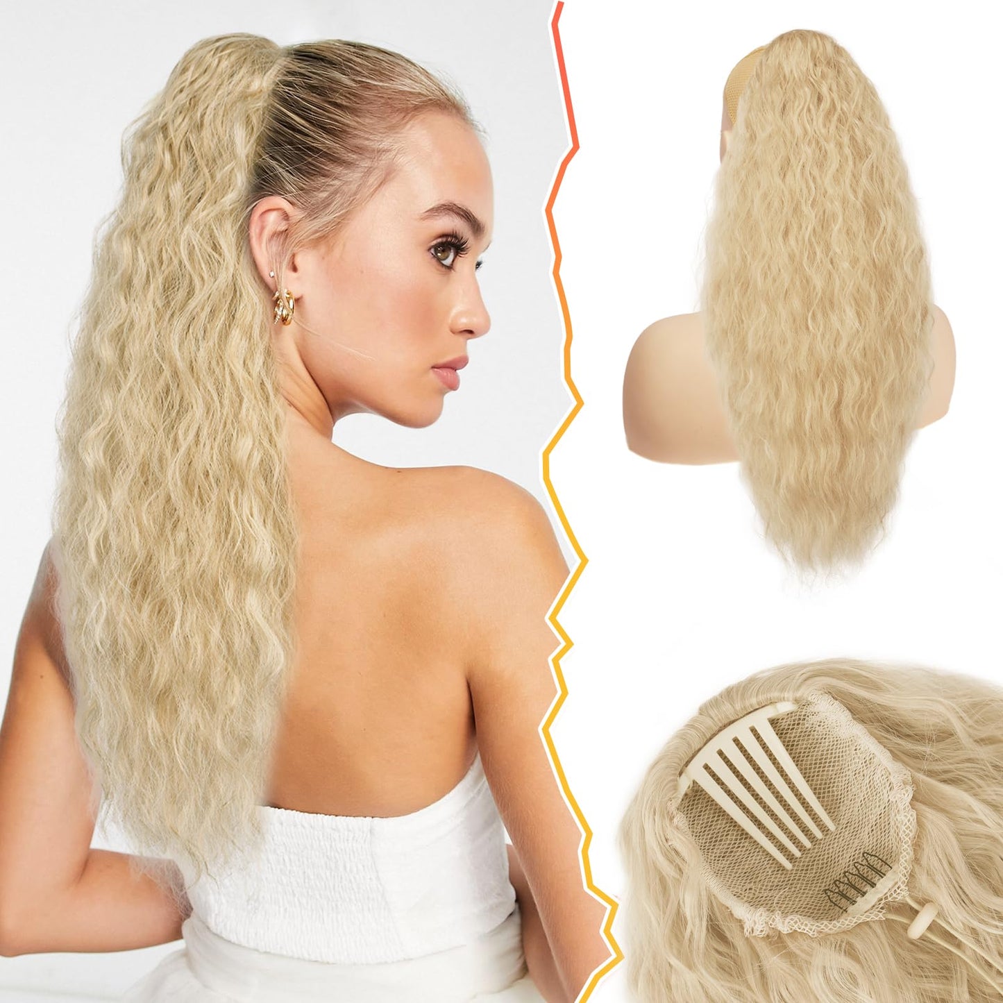 BARSDAR Curly Wavy Drawstring Highlight Ponytail Extension – 22 Inch Synthetic Comb Clip in Ponytail Hairpieces for Women, Voluminous Natural Looking Bohemian Ponytail - Brown with Highlights