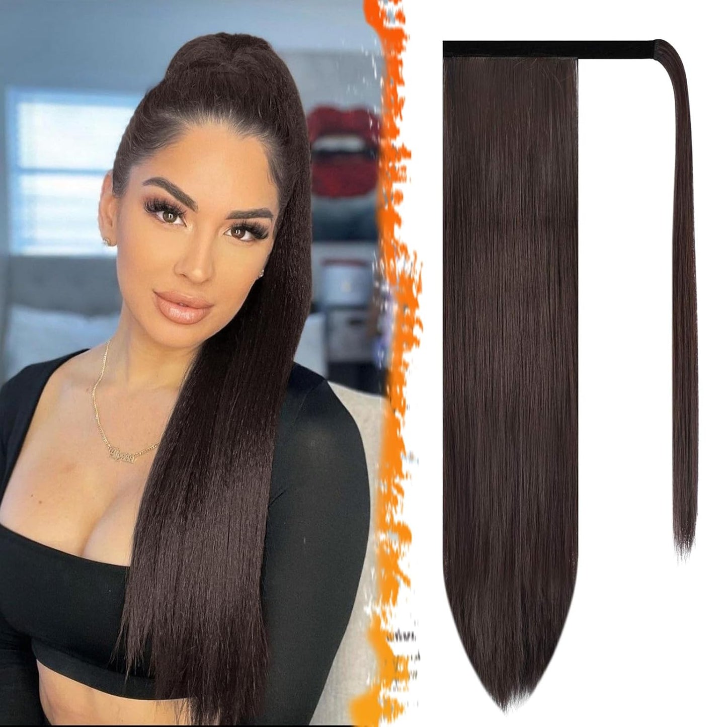 Dark Brown Straight Ponytail Extension - 28 Inch Clip-In Hairpiece for Women | Synthetic Wrap Around Style