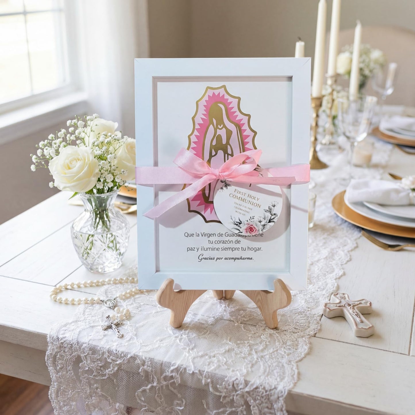 12 Pcs Baptism Favors Our Lady of Guadalupe Frame, Girls First Communion Gifts Recuerdos De Bautizo Photo Frame Pink Bautizo Centerpieces, Catholic Religious Keepsake Niña Primera Comunion Souvenirs