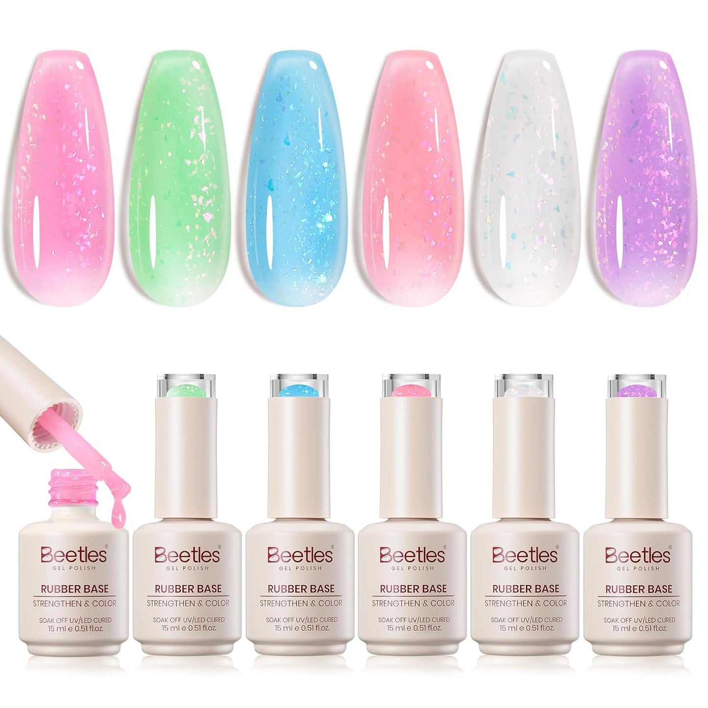Beetles Base Color Gel Nail Polish Set - 6 Nude Shades | 5-in-1 Builder Rubber Base Coat for Strengthening Natural Nails