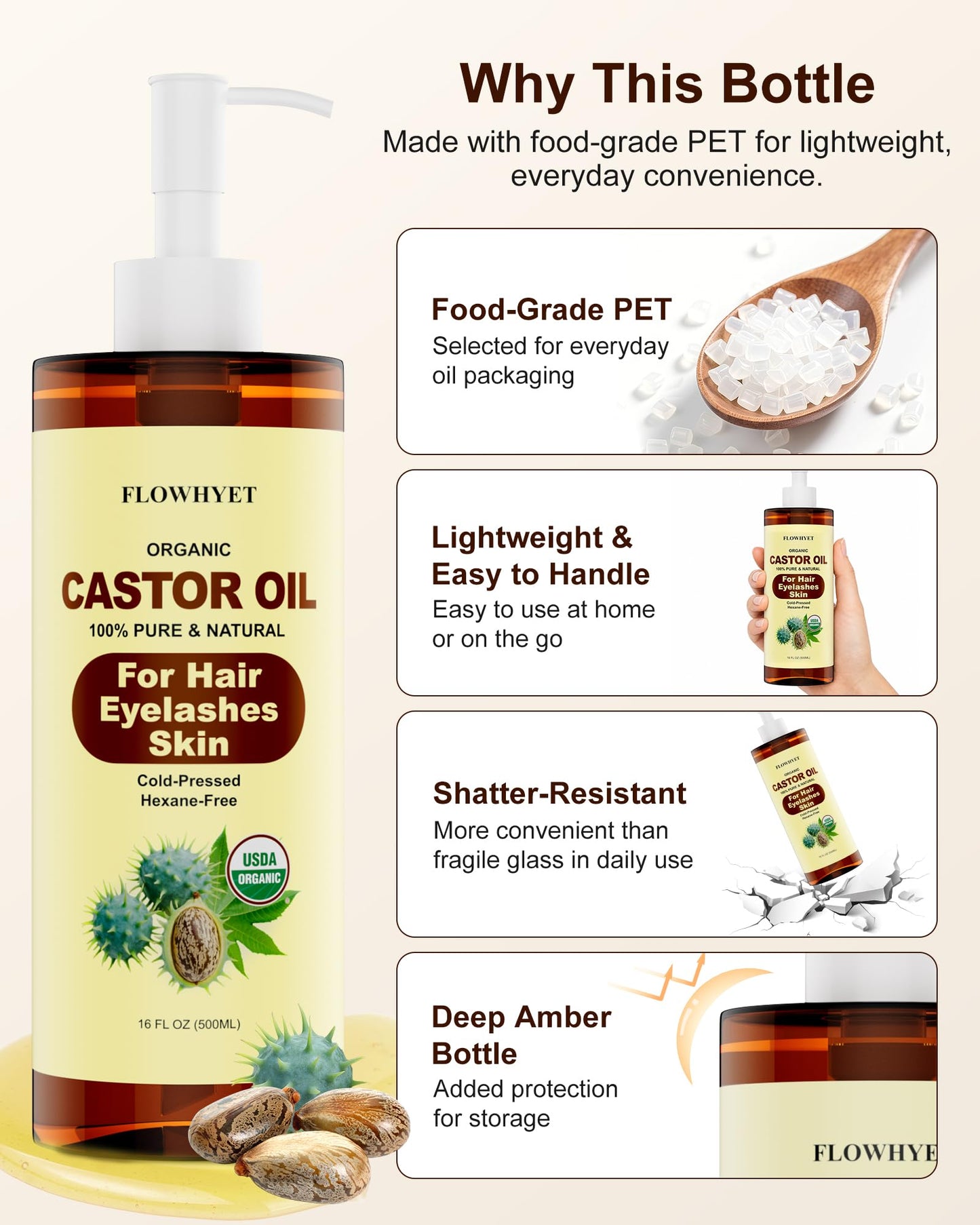 FLOWHYET Organic Castor Oil for Hair Growth, Pure Eyelash Growth Serum