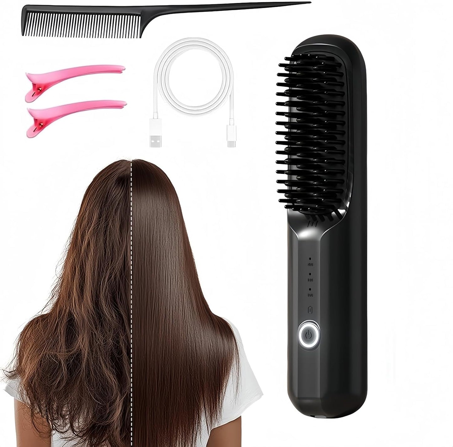 Cordless Hair Straightening Brush - Fast Heating Ceramic | Portable USB-C Brush for Short & Long Hair - Black