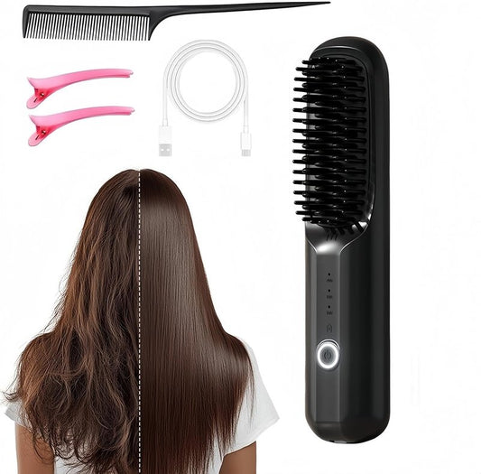 Cordless Hair Straightening Brush - Fast Heating Ceramic | Portable USB-C Brush for Short & Long Hair - Black