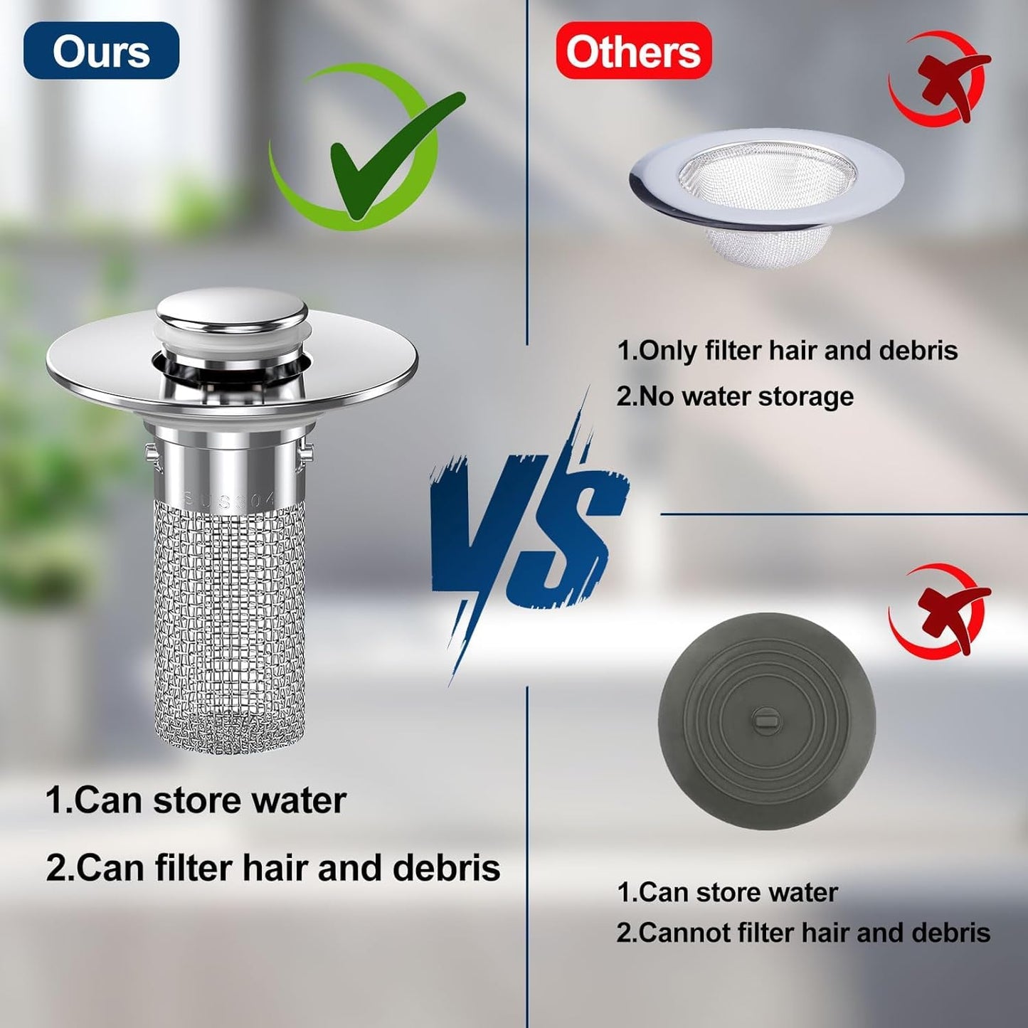 Bathroom Sink Drain Strainer with Pop Up Stopper, Stainless Steel Removable Filter Basket Hair Catcher, Anti-Clog Sink Drain Filter for Bathroom Sink (1 Pack)