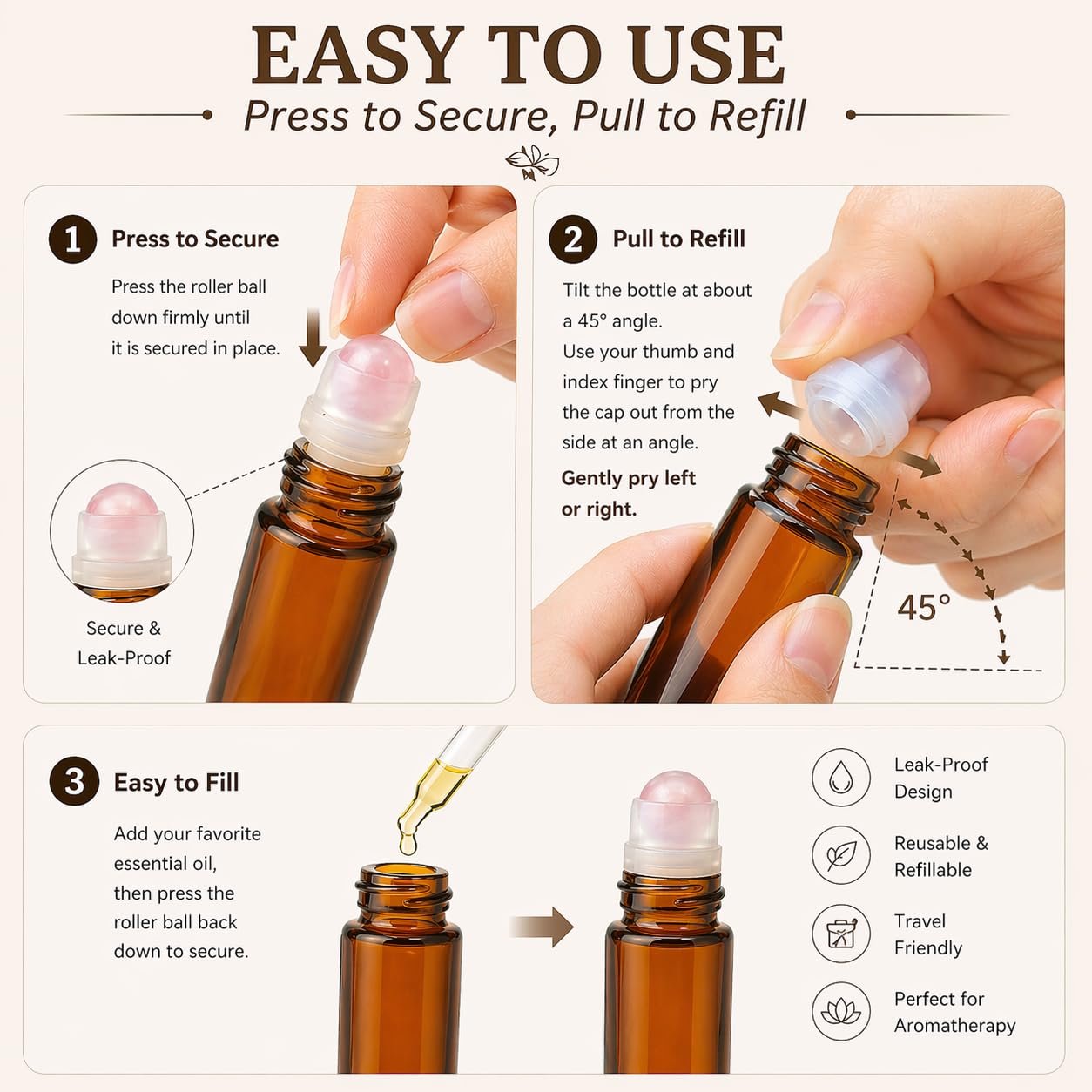 WAYDA Essential Oil Roller Bottle 50ml, 2Pack Amber Glass with Rose Quartz Roller Ball, Leak-Proof Gold Cap, Refillable Perfume Bottle for Relaxation, Stress Relief & On-the-Go Calm
