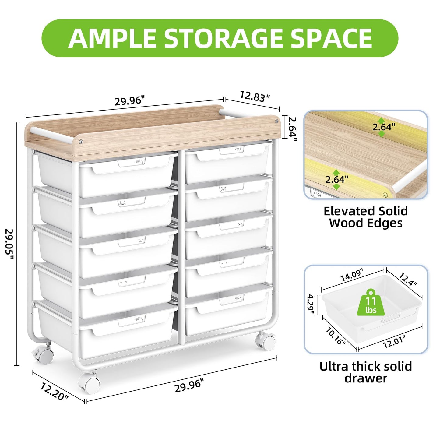 10 Drawers Rolling Cart with Wooden Tabletop, Utility Storage Cart with Wheels, Art Supply Craft Organizer on Wheel with Metal Frame & Handles for Home Office School (Pure White)