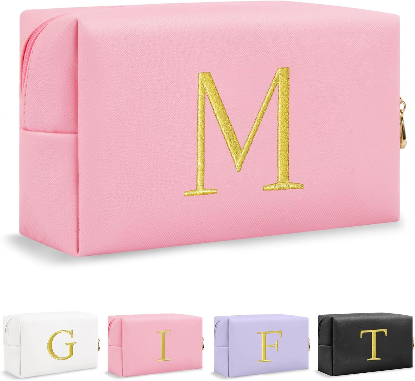Personalized Initial Makeup Bag - Gold Embroidered Cosmetic Bag for Teens | Custom Travel Toiletry Bag (Black)