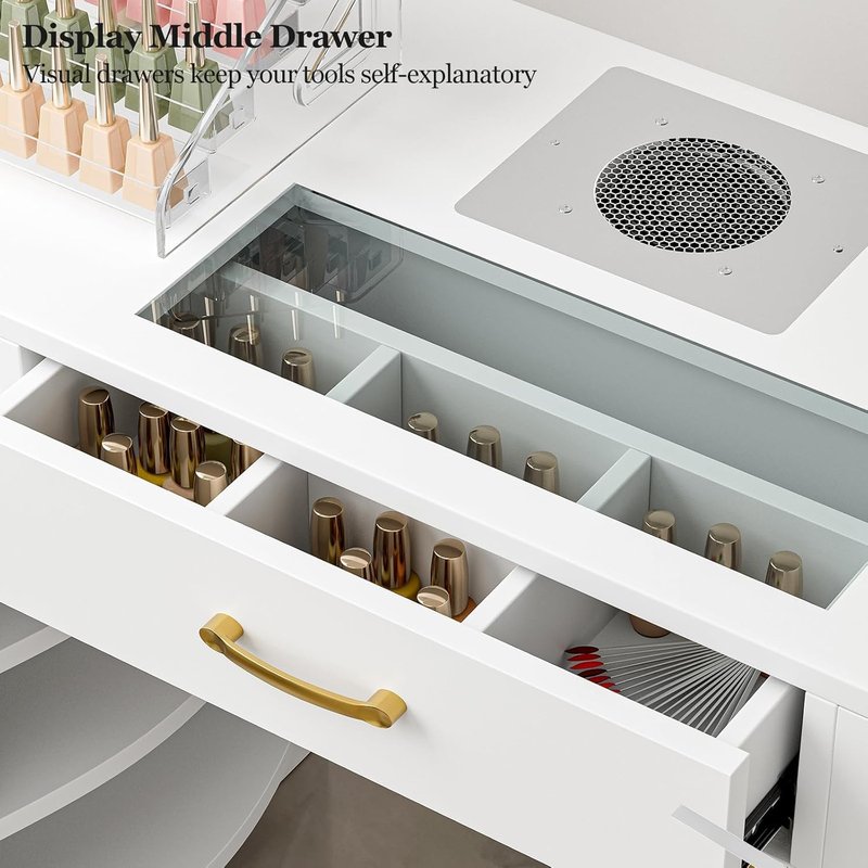 Nail Tech Table - Glass Top Manicure Desk with Dust Collector, 7 Drawers & 3-Tier Shelves | White Finish