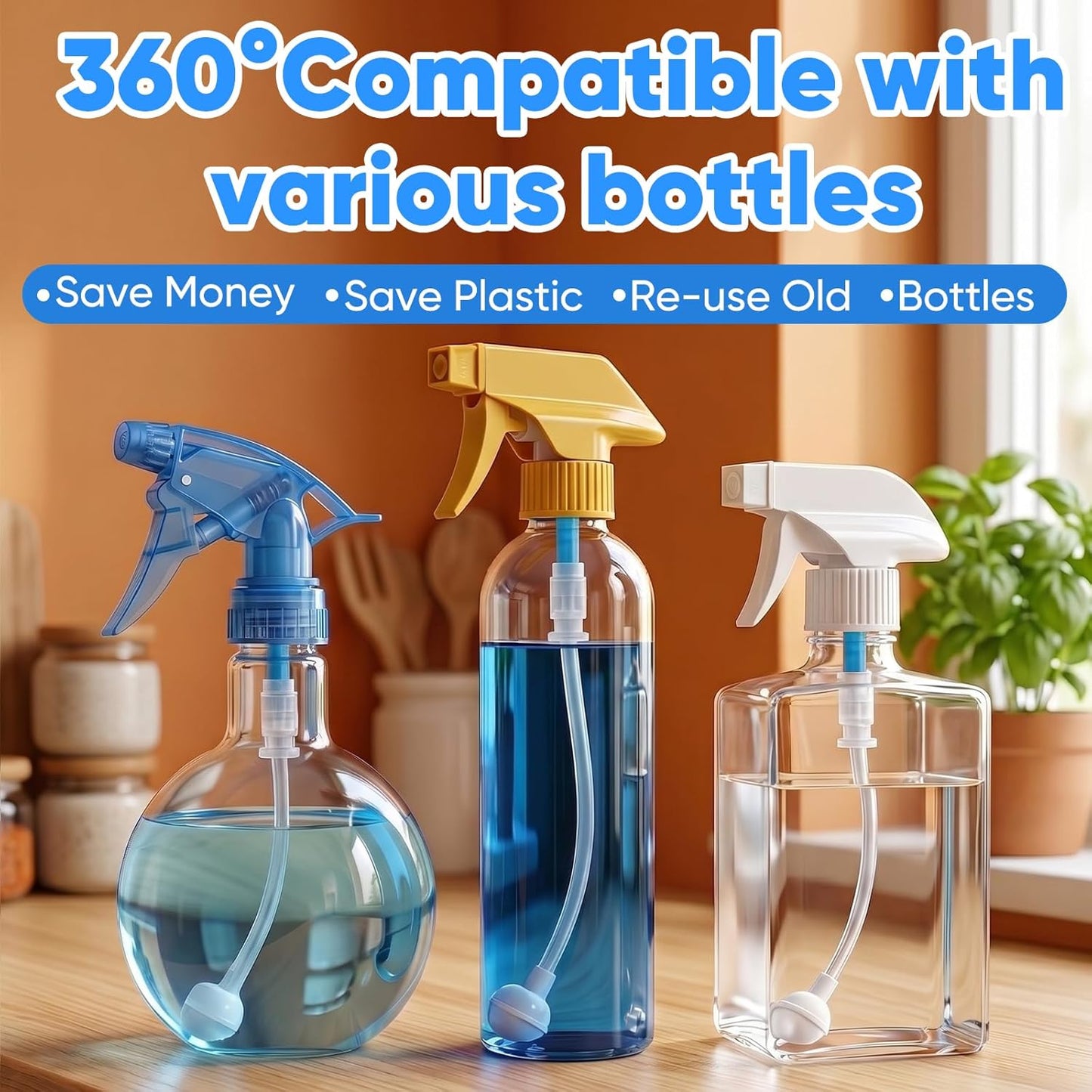 Universal Fit 360° Spray Bottle Adapter - 3-Pack Multi-Angle Sprayer Attachment | Flexible Dip Tube for Cleaning Bottles