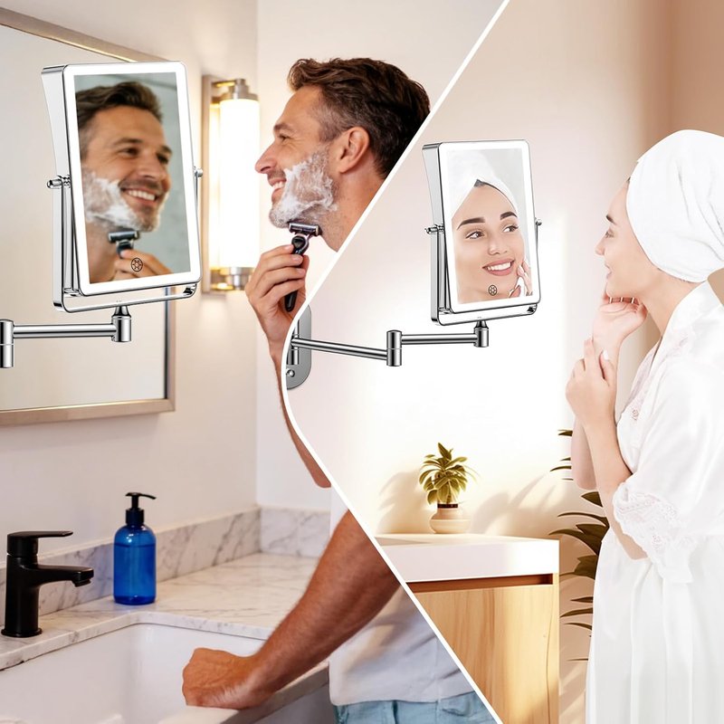FUNTACH 5000mAh Rechargeable Makeup Mirror - 8.7" Double-Sided 1X/30X Magnification | Dimmable 3-Color Light, 360° Wall Mount