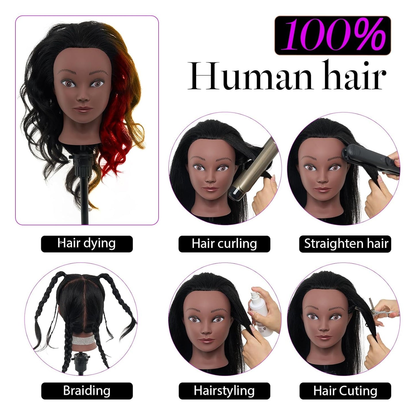 Real Hair Mannequin Head - 18" Human Hair Cosmetology Training Doll for Styling, Dying & Braiding | Black