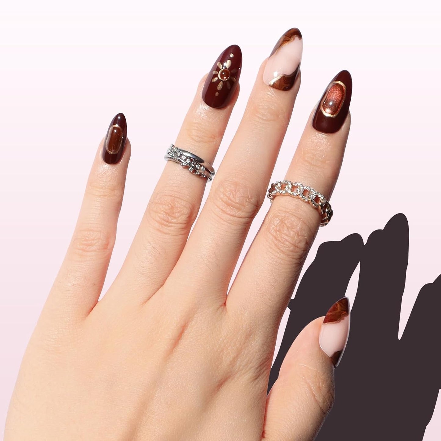 Press On Nails - Sun Stone Medium Almond Fake Nails with 3D Golden Shimmer | Reusable Stick-On Nails in 15 Sizes - 30 Nail Kit for Women
