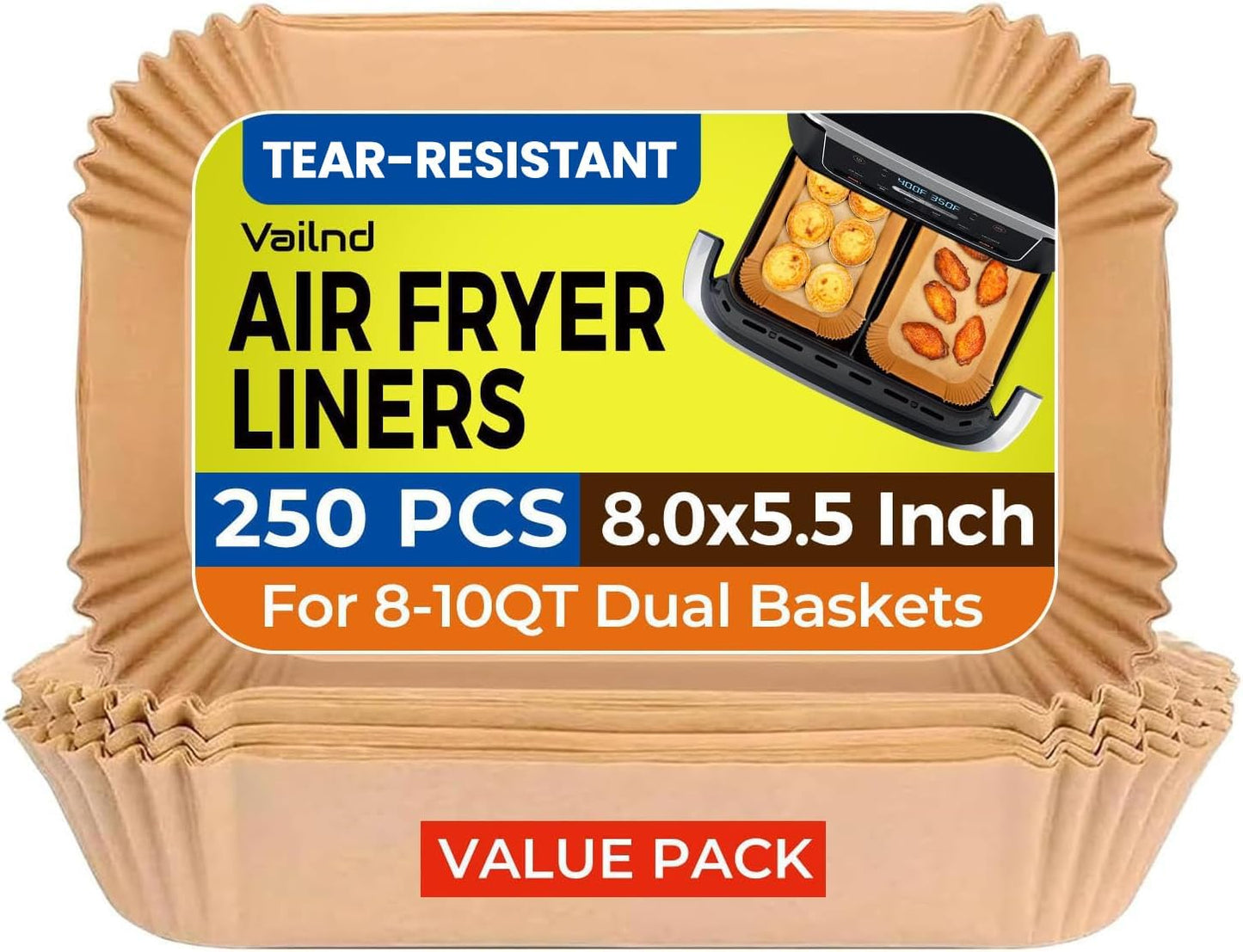 Air Fryer Paper Liners - 125 Pcs Non-Stick Parchment Paper for Microwave | 8-Inch Square, Bleach-Free