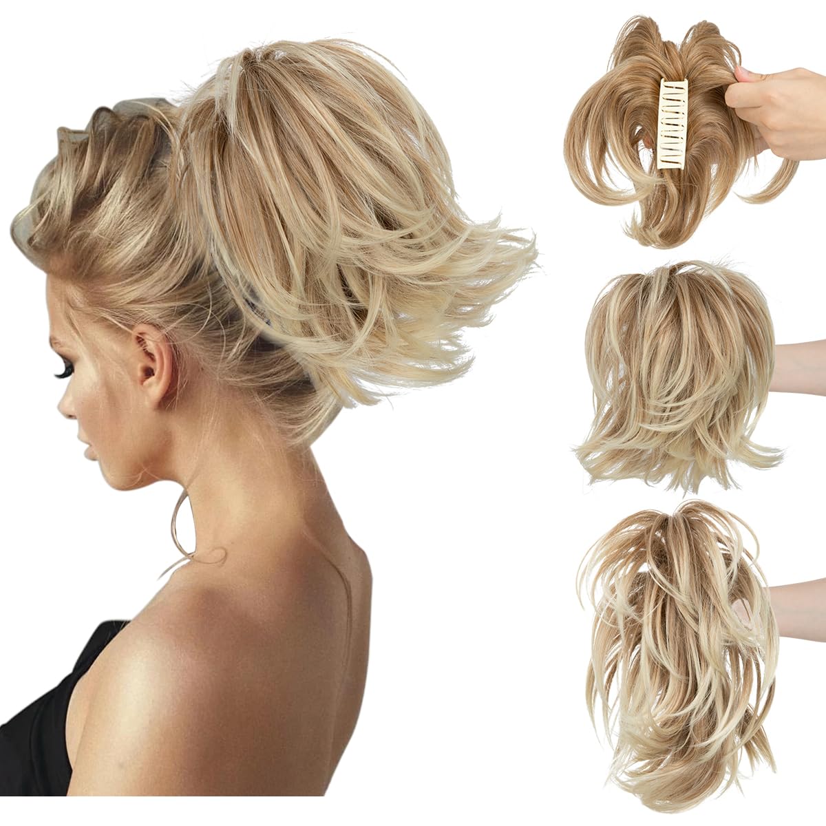 CJL Hair Claw Clip Short Ponytail Extensions - Bendable Metal Messy Bun Piece | Wavy Curly Synthetic Hair, Ash Grey