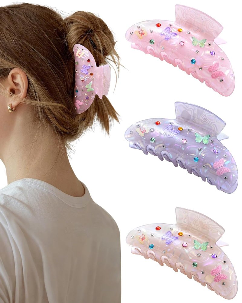 Bow Printed Hair Claw Clips - Non-Slip Medium Grip Clips with Colored Zircon | 3.74” Acrylic Jaw Clips (Pink, Gray, Skin Color)